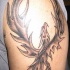 el tatuaje de la ave fenix volando hecho en hombro en color negro y gris