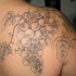 el tatuaje de una rama con uvas heccho en tinta gris en la espalda