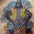Tatuaje en colorn guerrero  japonés sentado en la piedra