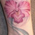 el tatuaje de una orquidea realista de color rosa en el aire hecho en la pierna