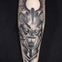 Terrifying black ink sleeve tattoo of demonic wolf and moon