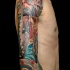 Traditional Asian style colored half sleeve tattoo of geisha with flowers and fog