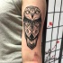 Tatuaje en el brazo, lechuza magnífica, estilo tribal