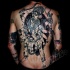 Typical black ink whole back tattoo of Hinduism Goddess