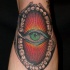 Tatuaje en el antebrazo, ojo en la boca, diseño multicolor
