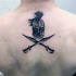 Unique black ink upper back tattoo of Spartan warrior helmet and crossed swords