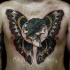 Unique designed colorful chest tattoo of woman and man faces stylized with butterfly wings