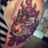 New school style colored shoulder tattoo of leopard with flowers and jewelry