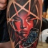 New school style colored shoulder tattoo of demonic woman with star and phone