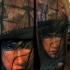 Illustrative style colored shoulder tattoo of woman face with ship