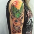 Illustrative style colored shoulder tattoo of deer stylized with beautiful picture