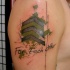 New school style colored shoulder tattoo of military badge with lettering