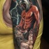 Illustrative style colored shoulder tattoo of ancient warrior with tiger