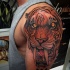 Illustrative style colored shoulder tattoo of demonic tiger