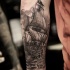 Illustrative style colored arm tattoo of large pirate sailing ship