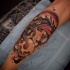 New school style colored leg tattoo of Indian woman with skull and big mountains