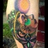 New school style colored leg tattoo of demonic woman face with planet