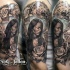 New school style colored shoulder tattoo of seductive woman with flowers