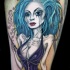 New school style colored leg tattoo of sexy smoking woman