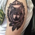 Tatuaje en el brazo, lobo lindo en el marco decorado con plumas