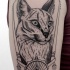 Illustrative style colored shoulder tattoo of wild cat with moon