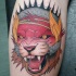 New school style colored leg tattoo of evil fantasy lion with crown