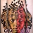 Unusual designed colored mystical woman tattoo combined with black birds