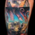 Unusual illustrative style thigh tattoo of big octopus with sailing ship and skull