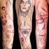 Unusual sketch style sleeve tattoo of woman with various animals and lettering
