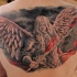 Video games style colored upper back tattoo of fantasy angel warrior