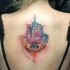 Watercolor style back tattoo of Hamsa symbol