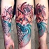 Watercolor style colored arm tattoo of cute fox with ornaments