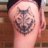 Wolf's head colored thigh tattoo in geometrical style