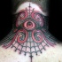 Wonderful colored neck tattoo of mystical eye and spider web