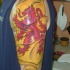 Tatuaje en el brazo,
 león escocés, colores rojo y amarillo