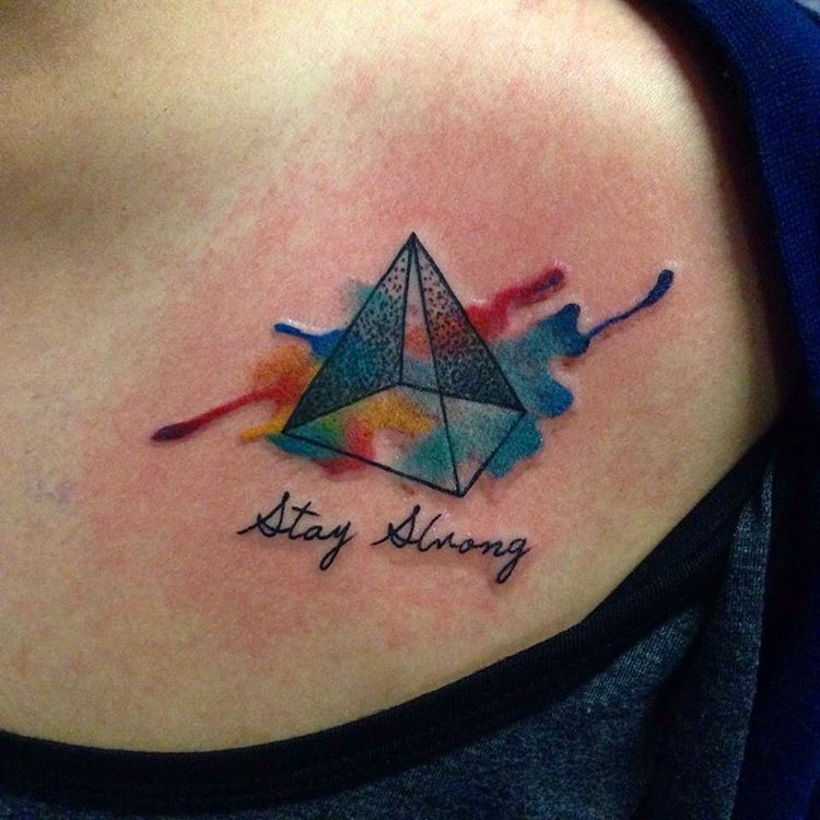 Tiny 3D style colored pyramid tattoo with lettering