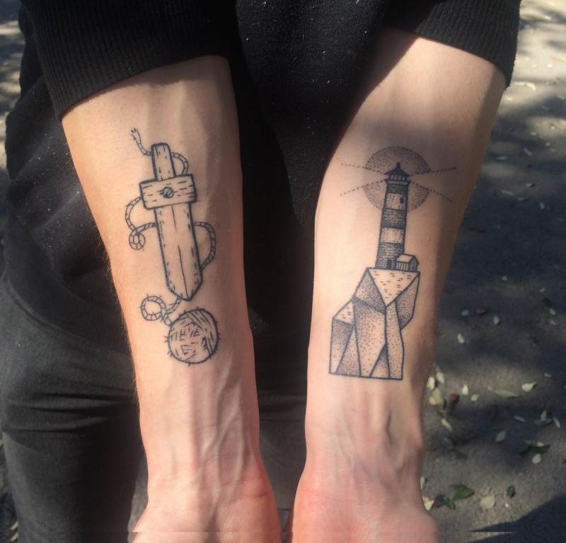 Tiny black and white lighthouse and wooden sword tattoo on forearms zone