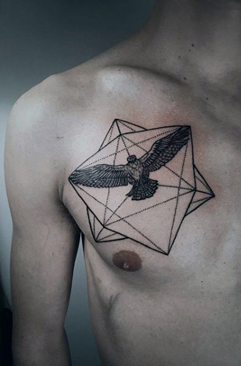 Tiny black ink chest tattoo of eagle with geometrical figures