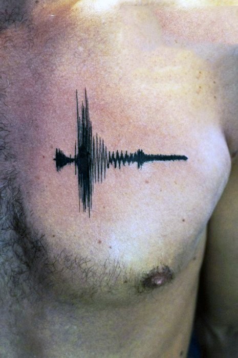 Tiny black ink music wave tattoo on chest
