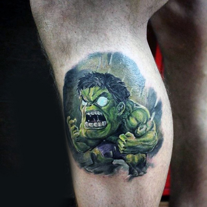Tiny cute colored leg tattoo of evil angry Hulk