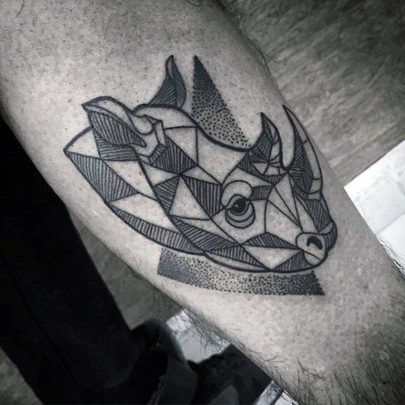Tiny geometrical black ink forearm tattoo of rhino head combined with triangle