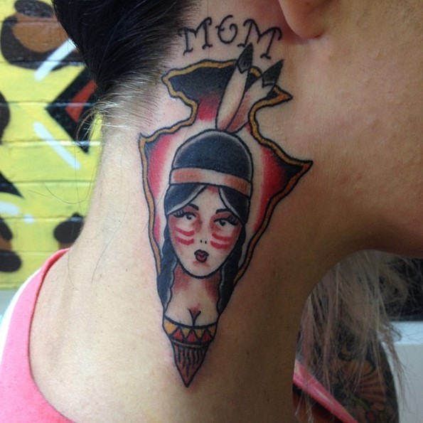 Tiny old school colored tribal arrow head tattoo on neck stylized with Indian woman portrait and lettering
