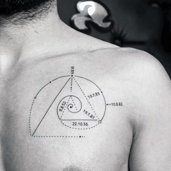 Tiny scientific geometrical black ink tattoo on chest