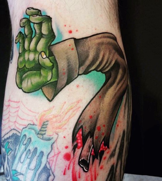 Torn zombie hand with bone and bloody drips colored tattoo with burning candle and spiderweb