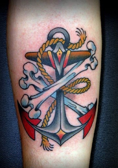 Traditional anchor and bones tattoo