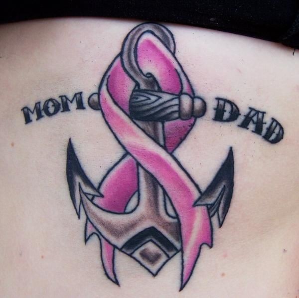 Traditional anchor tattoo with pink ribbon