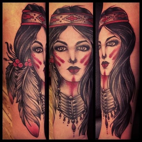 Traditional old school style colored forearm tattoo of Indian woman portrait