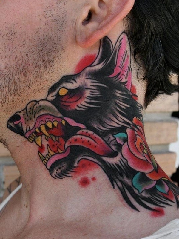 Traditional old school style furious crazy wolf colored neck tattoo with flowers