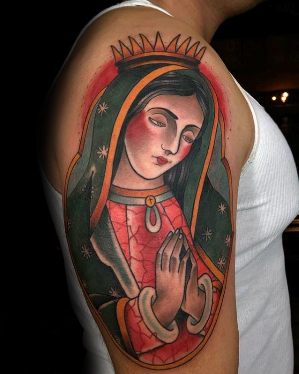 Traditional old school style praying Virgin Mary religious colored shoulder tattoo