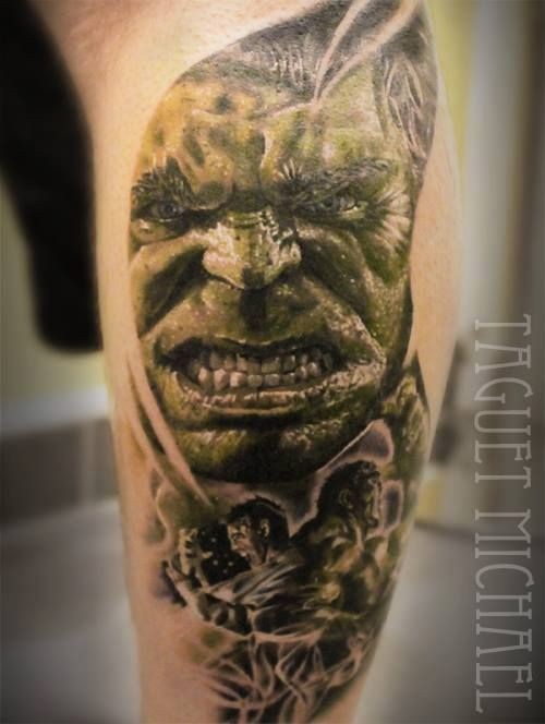 Traditionally colored mad furious mad Hulk tattoo on man&quots biceps by Taguet Michael